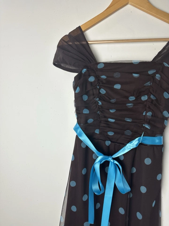 Vtg BCX Dress Fit Flare Brown Blue Polka Dot Mesh Y2k 90s Retro Pinup Cocktail 7 - Image 3 of 4