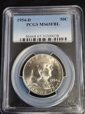 1954-D Silver Uncirculated Franklin Half Dollar- PCGS MS-65FBL Free Shipping 