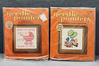 2 Vtg 1974 Needle Pointers 5601 & 5702 Pink Buggy & Day Dreamer Kits NOS