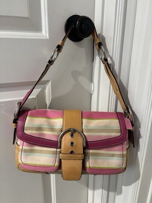 Coach Hampton Multi Color Stripe Shoulder Bag Pink Canvas Leather