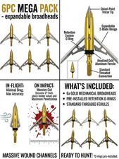 6pc 100 Grain Mechanical Broadheads - 2 Blade Expandable Hunting Arrowheads Gold