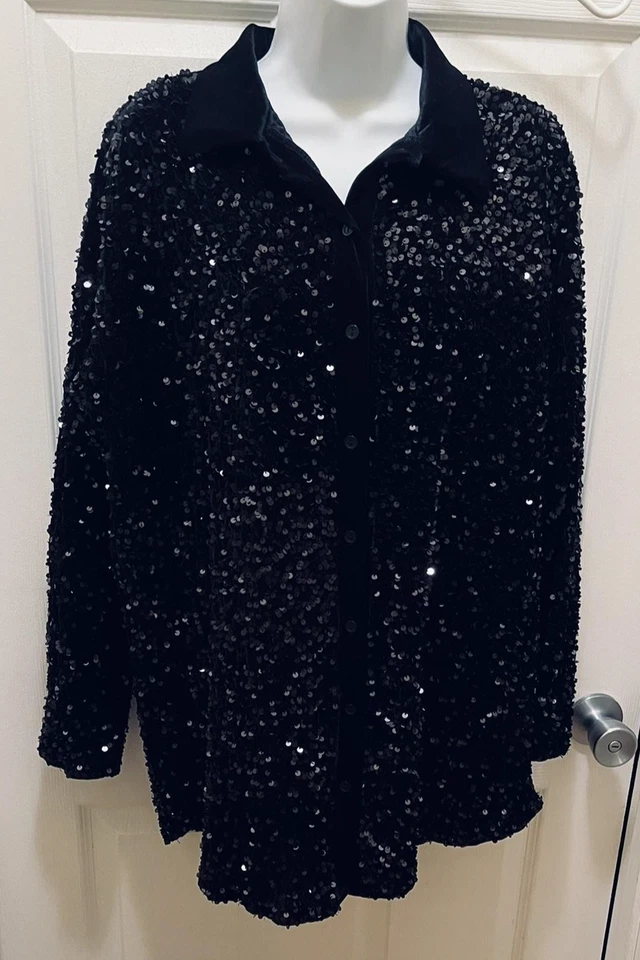 Camisa Mujer Mediana Negra Lentejuelas Cuello Terciopelo Manga Larga Moda Nova Foto 2 de 4