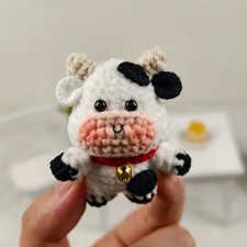Handmade Amigurumi Crochet Cow With Bell Plushie
