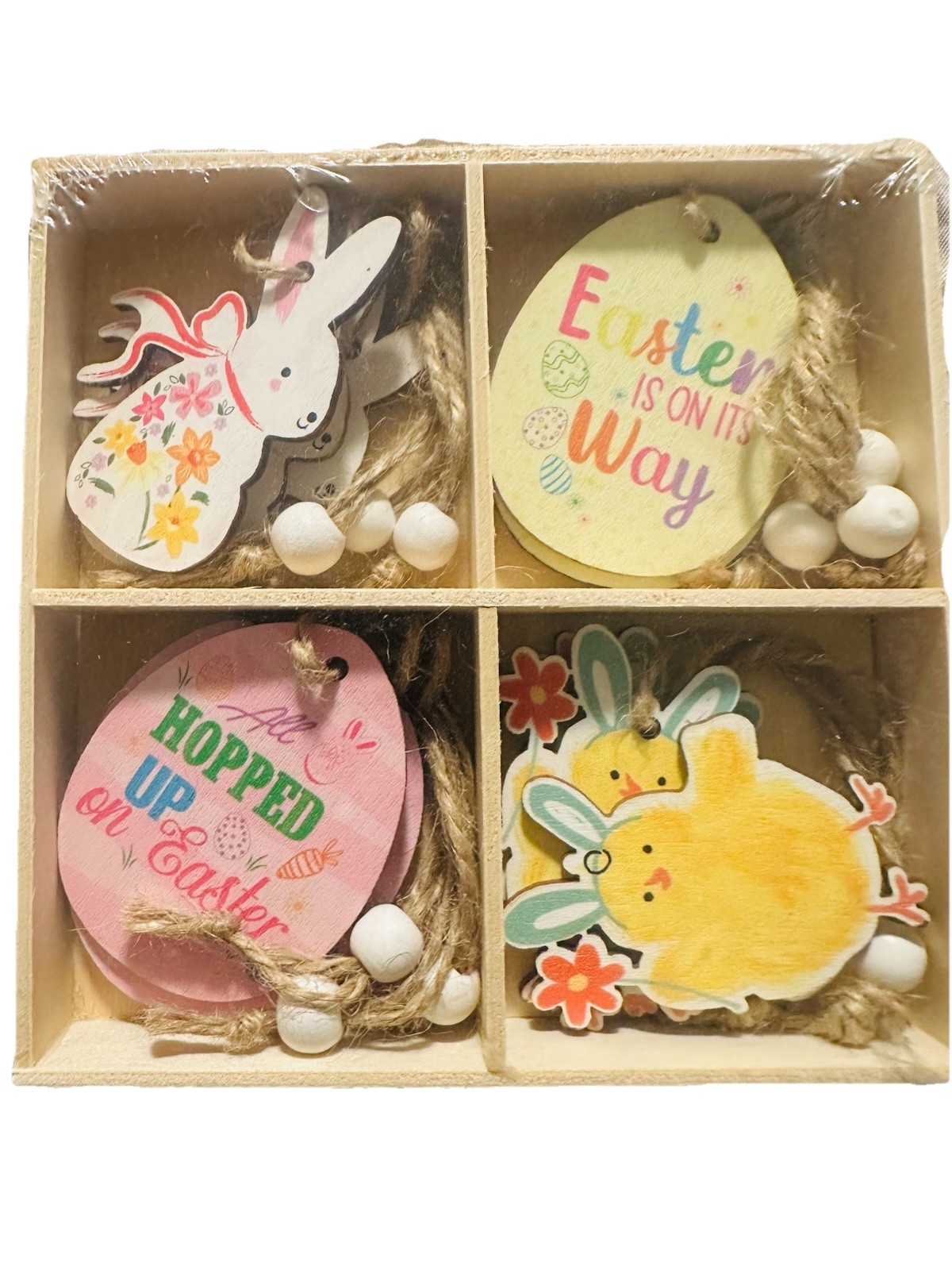 Mini Easter Tree Ornaments Spring Bunny & Chicks Set Of 12 Twine Wood Beads ~NEW