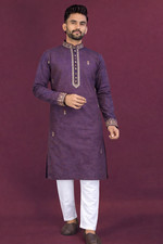 Men s Silk Blend Kurta Wedding Ethnic Traditional Gold Work Gold Embroidery
