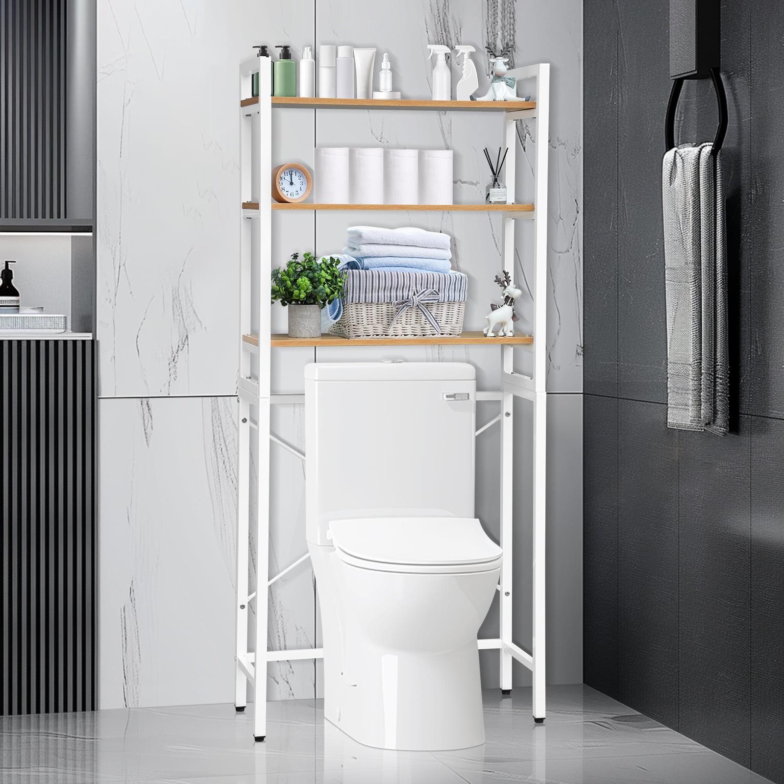 3-Tier Over The Toilet Storage Rack, Steel White Bathroom Shelf Space Saver,