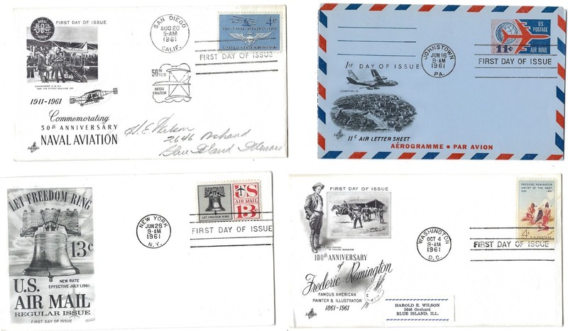 4 '61 FDCs  11c Air Letter Sheet, 13c Liberty Bell, Remington, Naval Aviation