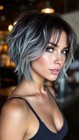 Short Ombre Silver Gray  Wavy Bob Wigs  Lace Front 100% Human Hair Wigs