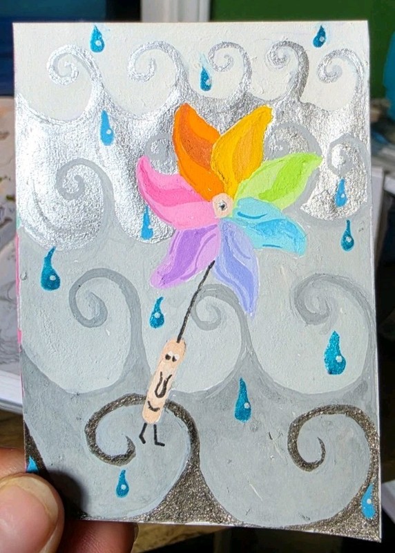 ACEO ATC original Acrylic/Metallic abstract surrealistic Pinwheel by Forest