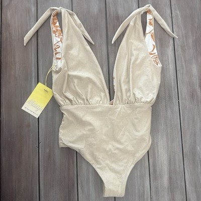 Maaji Nacar Faena Metallic One-Piece Swimsuit Reversible Beige Size S NWT