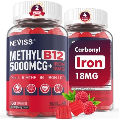 Methylated B12 Gummies 5000mcg/10000mcg & L-Methylfolate 400mcg + Iron 18mg, ...
