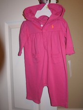 NWT Ralph Lauren Polo Baby Girls Pink Hoodie Romper Sz. 6 M