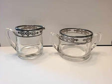 Vintage Glass with Silver Overlay Creamer and Open Sugar. 2 Pc Set. 