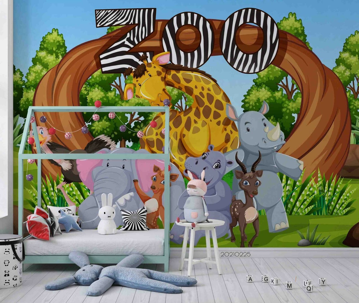 Wall Mural Zoo Animal Wall Art 3D Cartoon Zoo Animals Self