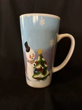 Snowman Latte Coffee Hot  Chocolate Mugs 16 Ounce Porcelain New  White Blue