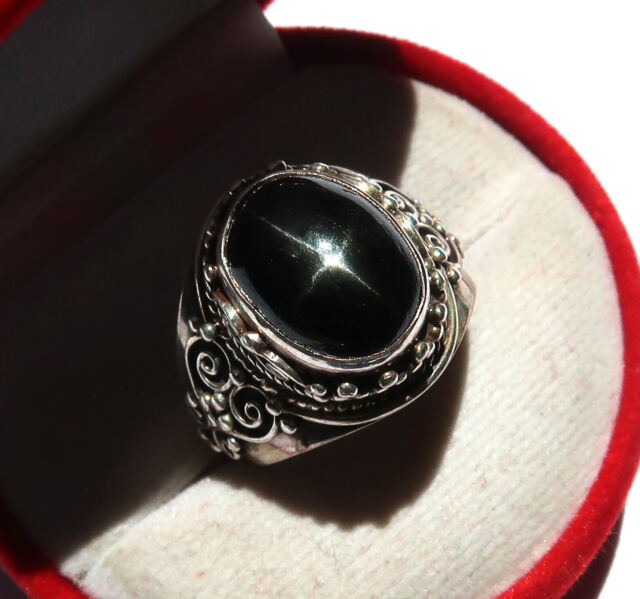 Large Ring - Designer Silver Pendant Cz - Obsidian Starry - Black Star