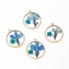 4PCS Gold Tone Real Dried Pressed Flower Resin Round 25mm Charm Daffodil GXE2105