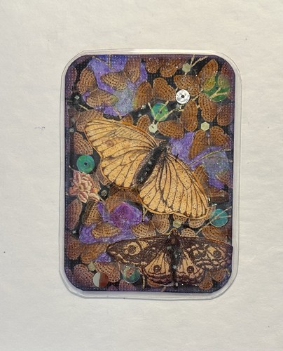 ACEO Original Laminated Sparkly Collage By Lyn’et  ‘Moths At Dusks’ 2.5X3.5”
