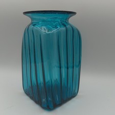 Handblown Art Glass Vase Jar Aqua Blue Ribbed Square 7.74" H