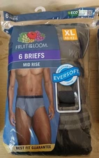 6 Black Gray Stripes Solid XL 40-42 Briefs Mid Rise Fruit of the Loom NWT