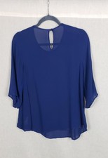 Silk Modal Blouse M Royal Blue Keyhole Back Sheer Casual Shell USA Quiet Luxury