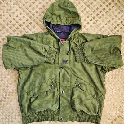 Helly Hansen Jacket Mens Medium Green Ripstop Hooded Back Hit Sailing Nautical