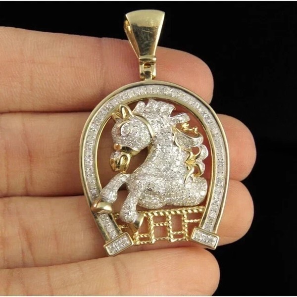 Alternate view of 2.5ct Round Cut Moissanite Horseshoe Charm Pendant 14k Yellow Gold Plated Silver