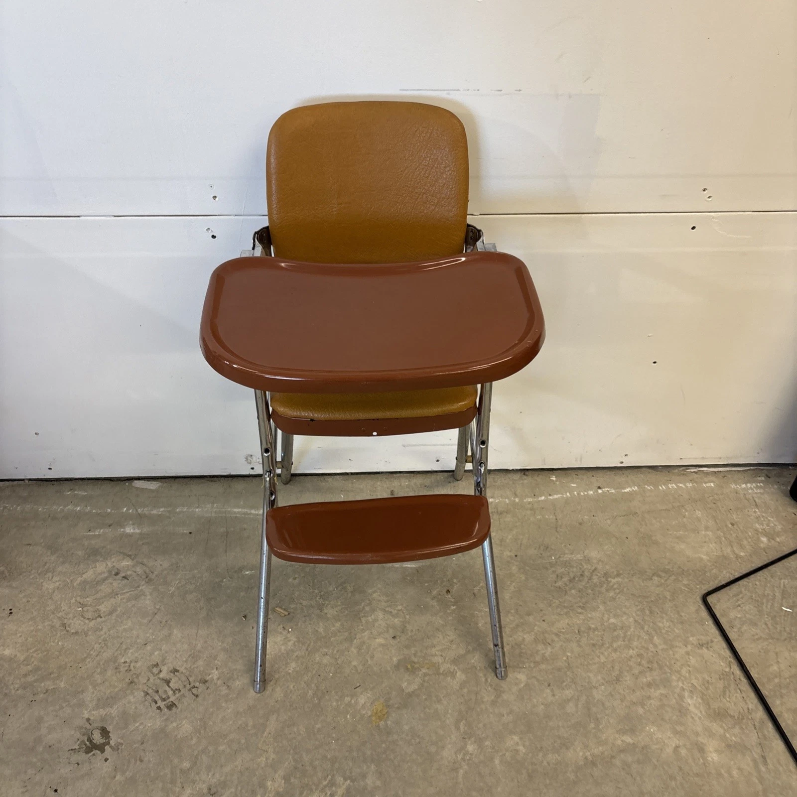 Vintage Kids Childrens Metal High Chair Brown Colors Folding Removable Tray 💕