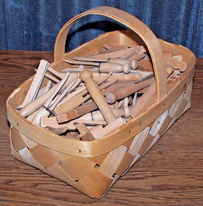 Lot of 118 Vintage Wooden Clothes Pins in Woven Wood Basket/Round Head & Flat