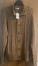 H2H Chunky Cable Knit Toasty Tan Cardigan Sweater Button High Collar Mens XL NWT