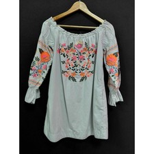 Free People Embroidered Off-Shoulder Dress Blue Short Long Sleeve Cotton Size XS