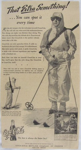Vintage 1943 US 10th Mountain Division / Coca Cola Coke Newspaper Print Ad