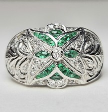 Samuel B BJC Signed 14k White Gold Emerald & Diamond Band Ring Size 7.5