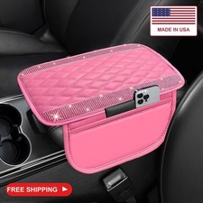 NBTEPEM Bling Pink Car Center Console Cover, Leather Car Arm Rest Cover Cushion