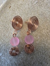 HEALING PURE COPPER BUBBLEGUM PINK Sea Glass Earrings Artisan Spirals, Post