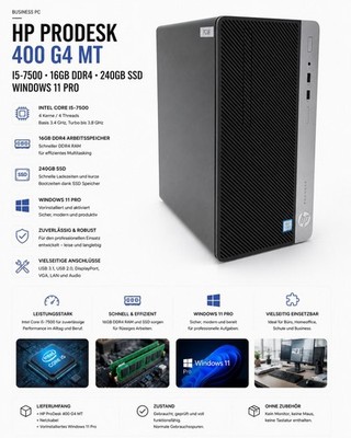 HP ProDesk 400 G4 MT Business PC: Intel i5 7500, 16GB RAM, 240GB SSD, Windows 11