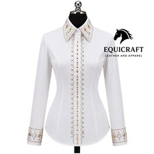 Wei&szlig; Elfenbein Kristall Glitzer Horse Show Shirt Gold AB Strass Western Rei&szlig;v...