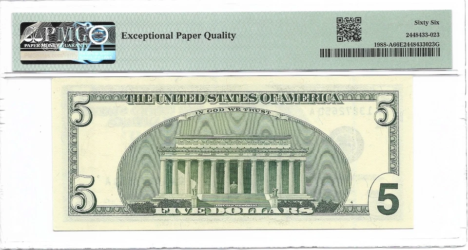 2001 $5 BOSTON FRN. PMG GEM Uncirculated 66 EPQ Banknote. - Image 2 of 2
