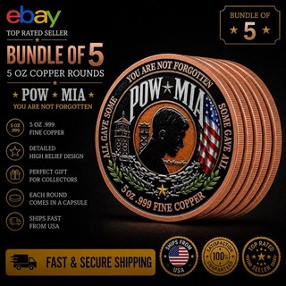 BUNDLE OF 5 POW MIA High Relief 5 Oz 0.999 Fine Copper Rounds