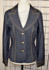 Vintage Denim Blazer Jacket Bisou Bisou Size 8 90s Blue Gold Stitch Fitted