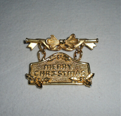AJC Merry Christmas Hanging Sign Brooch Pin Holiday Jewelry Vintage 1980s