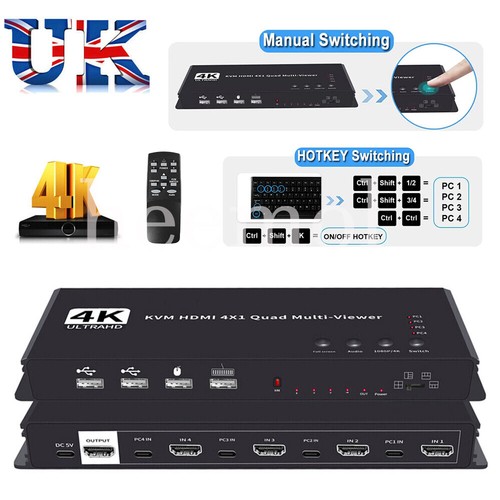 4x1 HDMI Quad Multi-Viewer/KVM Switch| 4K @ 30Hz | IR Remote |5 Viewing Modes UK