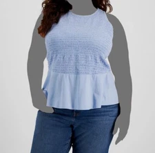 $60 INC Women's Blue Smocked Sleveless Peplum Blouse Top Plus Size 0X