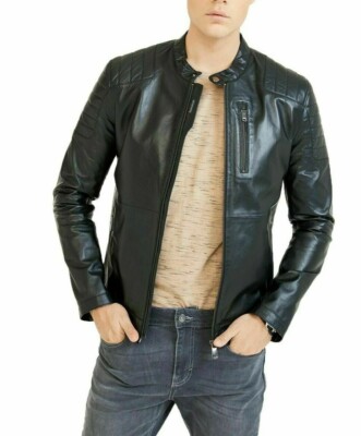 Black Biker Jacket Mens 100% Real Lambskin Leather Café Racer Motorcycle Jacket