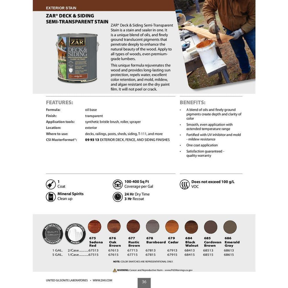 ZAR Exterior Wood Stains 1 Gal. Sedona Deck and Siding SemiTransparent