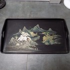 Vintage Chinese Lacquered Wood Serving Tray Hand Painted Gold Gilt Scene