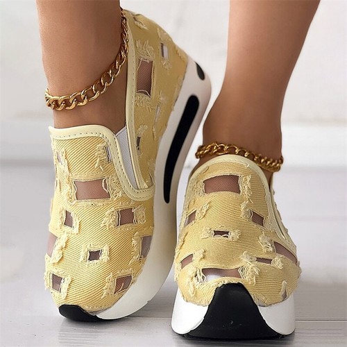 Platform Wedges Sneakers Floral Embroidery Mesh Sneakers Slip On Heeled Shoes - 第 22/41 張圖片