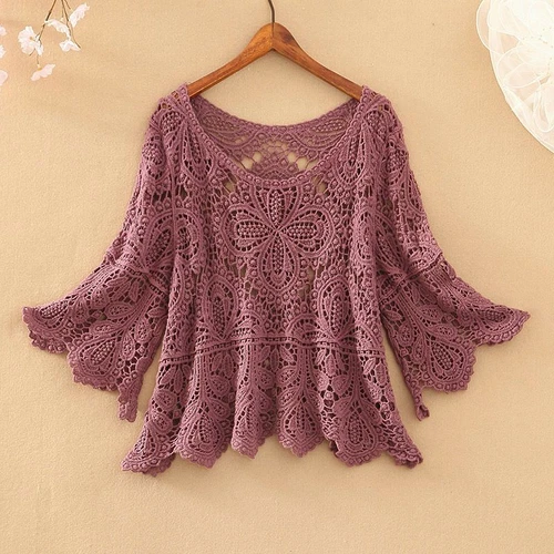 Womens Crochet Crop Top Half Sleeve Hollow Out Lace Shawl Sun Protection Tops - Picture 24 of 26