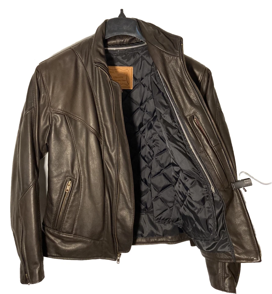 Walter Dyer Womens M Top Leather Biker Jacket-Quilt Lined-Brown-Hand Made in USA - Image 2 of 4