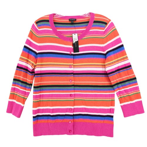 NWT TALBOTS Cardigan Colorful Striped Cotton Blend 3/4 Sleeve Size LARGE